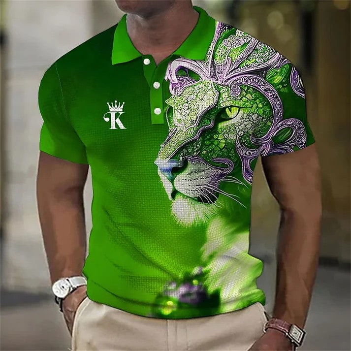 【Novi modeli sniženi 45%.】【S-6XL】Męska koszulka polo z nadrukiem 3D z lwem-3981631