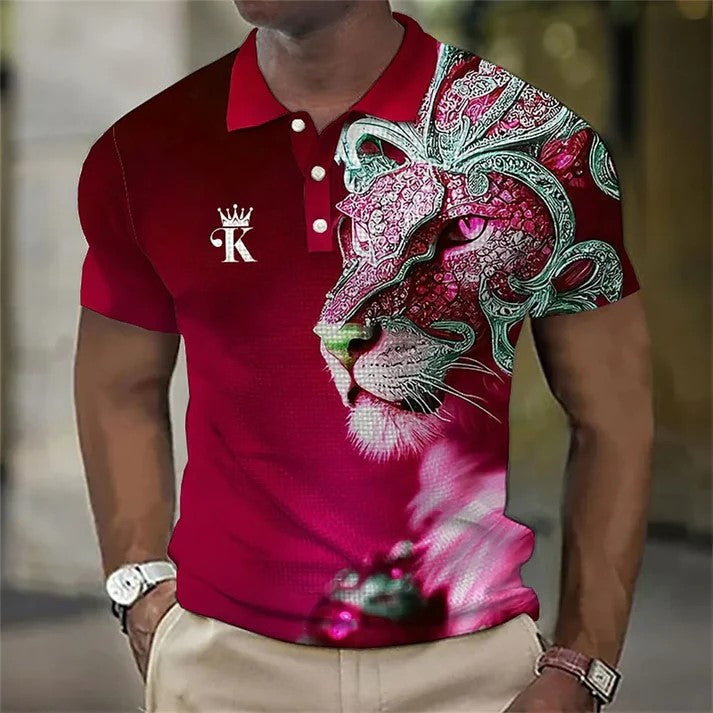 【Novi modeli sniženi 45%.】【S-6XL】Męska koszulka polo z nadrukiem 3D z lwem-3981631