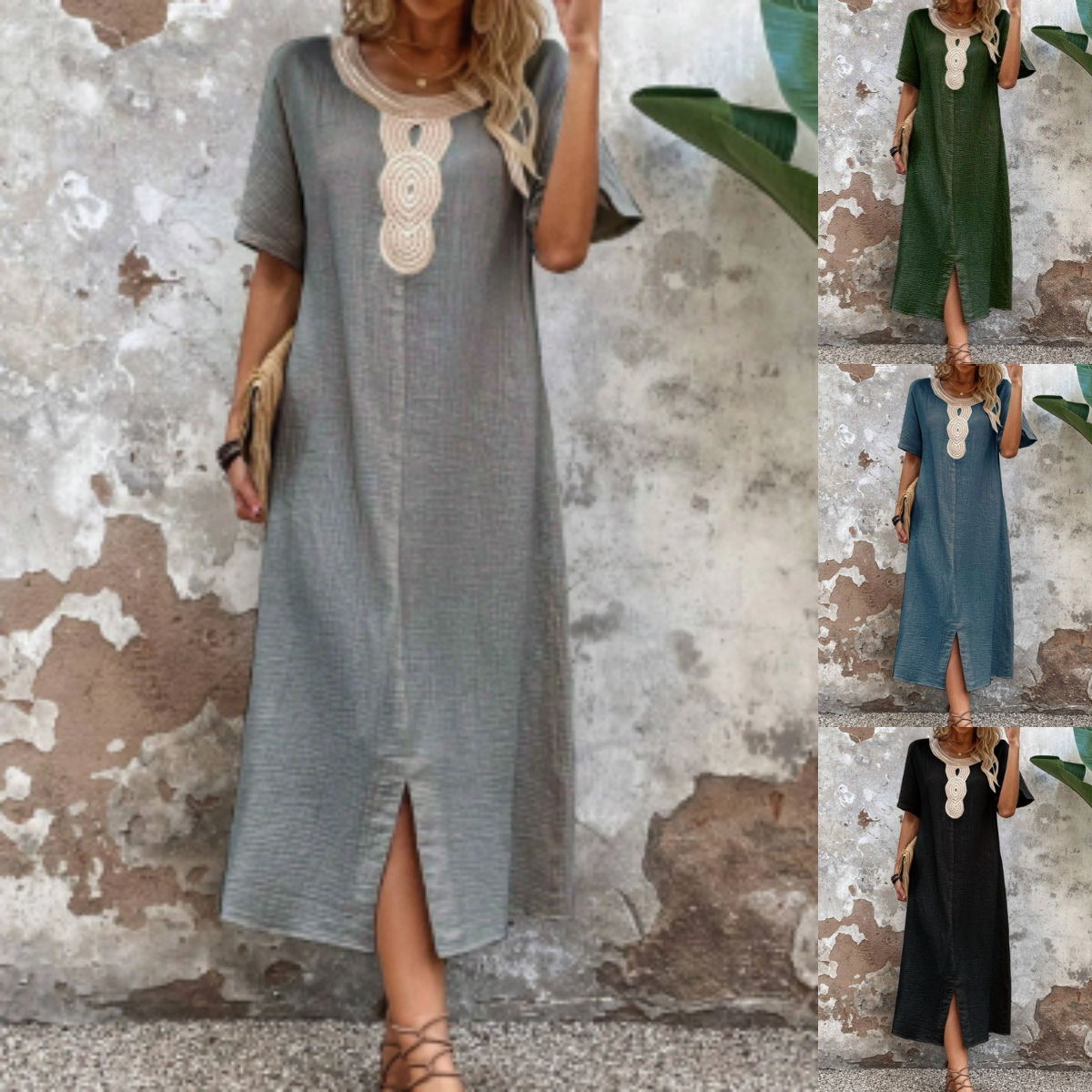 👗🧚♀️【Reducere 50% 🔥】【S–3XL】💖 Rochie de vară vaporoasă pentru femei, cu decolteu rotund, dantelă, mâneci scurte, din bumbac și in pur, cu șliț și croială lejeră