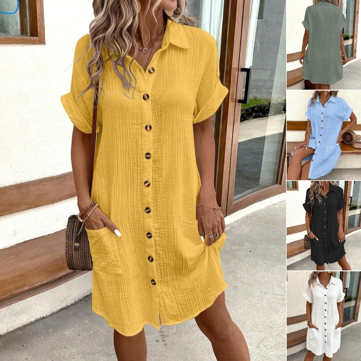 👗😍2025 Rochie cu mânecă scurtă din bumbac și lenjerie de bumbac, lejeră și respirabilă-R