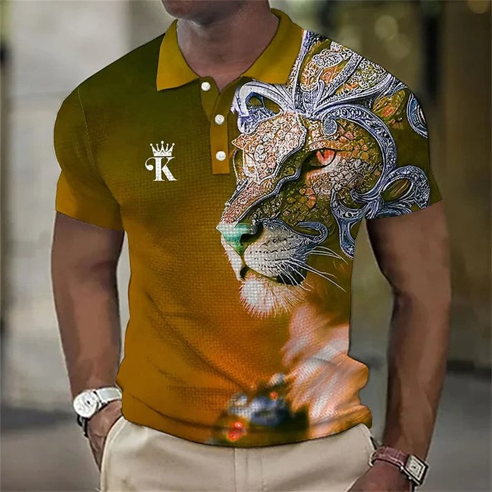 【Novi modeli sniženi 45%.】【S-6XL】Męska koszulka polo z nadrukiem 3D z lwem-3981631