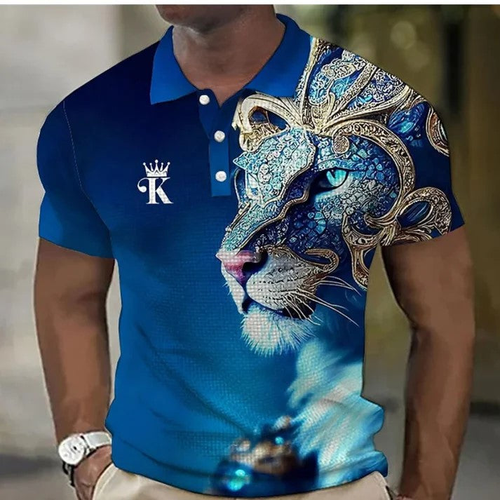 【Novi modeli sniženi 45%.】【S-6XL】Męska koszulka polo z nadrukiem 3D z lwem-3981631