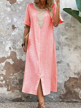 👗🧚♀️【Reducere 50% 🔥】【S–3XL】💖 Rochie de vară vaporoasă pentru femei, cu decolteu rotund, dantelă, mâneci scurte, din bumbac și in pur, cu șliț și croială lejeră