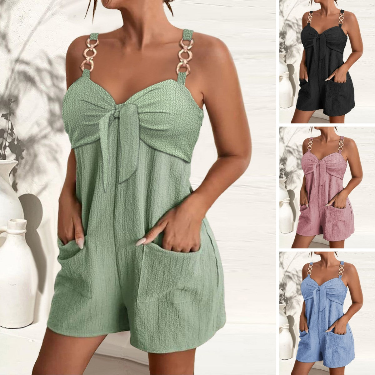 🎀👖【Noutăți de vară – Reducere 50% 🔥】R【S–2XL】Salopetă de damă cu bretele și inele decorative