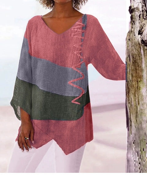 ⏳ Utolsó nap – 50% kedvezmény 😍【S~5XL】Női elegáns hétköznapi felső: V-nyakú, hosszú ujjú, művészi mintás nyomat-U