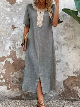 👗🧚♀️【Reducere 50% 🔥】【S–3XL】💖 Rochie de vară vaporoasă pentru femei, cu decolteu rotund, dantelă, mâneci scurte, din bumbac și in pur, cu șliț și croială lejeră