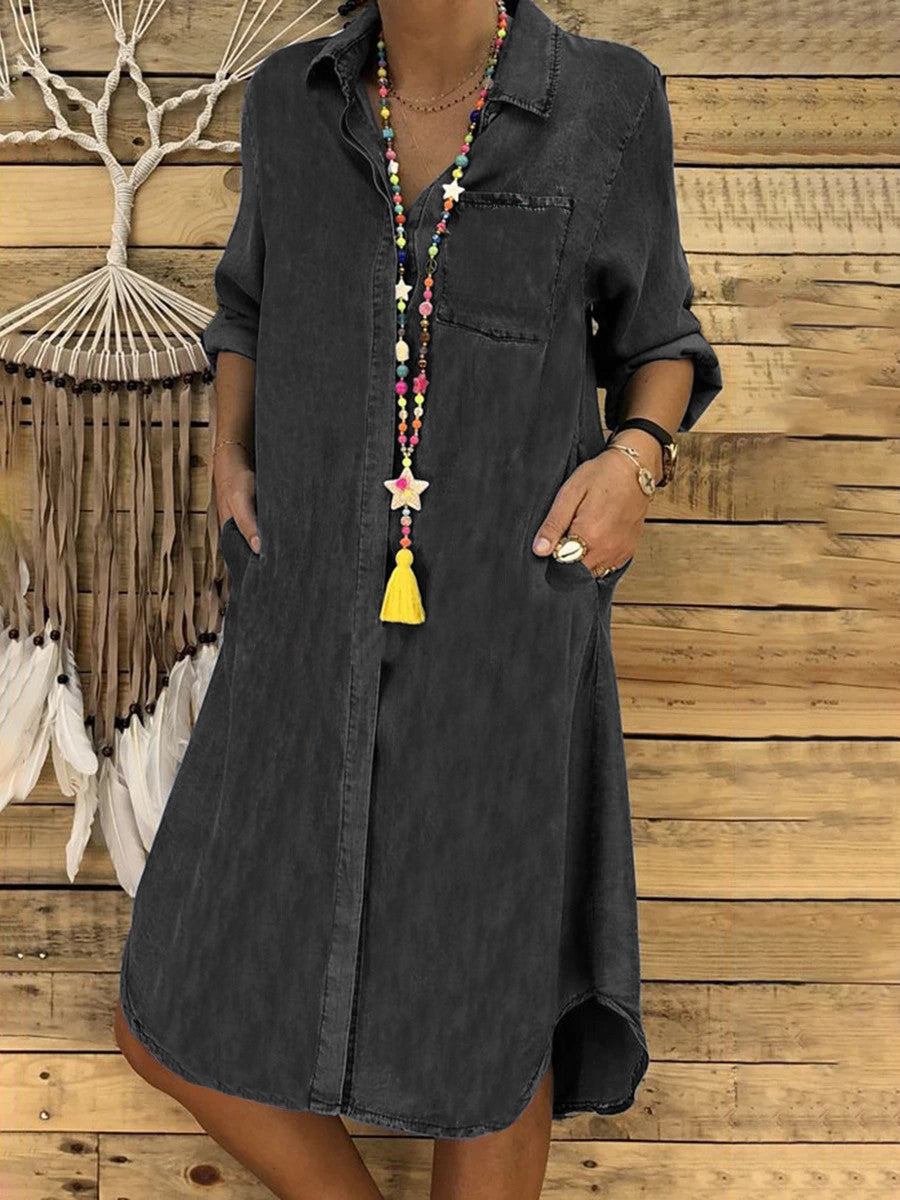 【🔥Compre 1 y obtenga 1 gratis】🥰【S~5XL】🔥2024 Vestido vaquero de talla grande para mujer, vestido informal liso-E