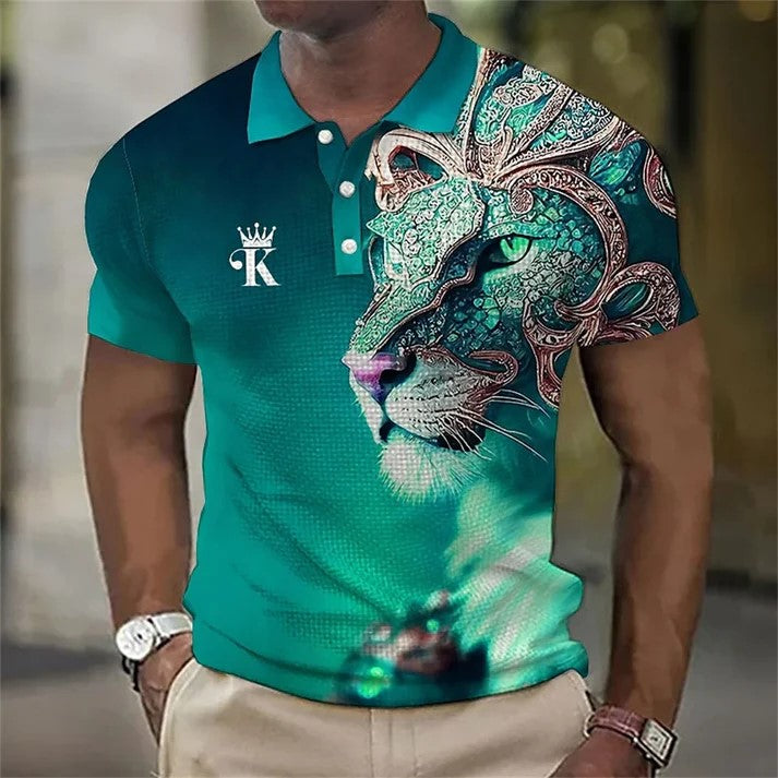 【Novi modeli sniženi 45%.】【S-6XL】Męska koszulka polo z nadrukiem 3D z lwem-3981631