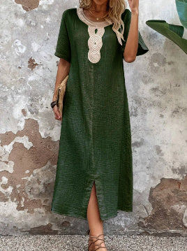 👗🧚♀️【Reducere 50% 🔥】【S–3XL】💖 Rochie de vară vaporoasă pentru femei, cu decolteu rotund, dantelă, mâneci scurte, din bumbac și in pur, cu șliț și croială lejeră