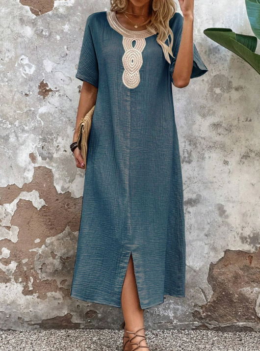 👗🧚♀️【Reducere 50% 🔥】【S–3XL】💖 Rochie de vară vaporoasă pentru femei, cu decolteu rotund, dantelă, mâneci scurte, din bumbac și in pur, cu șliț și croială lejeră