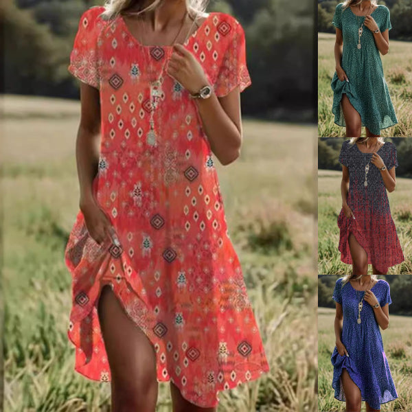 🔥👗【S-3XL】👗Nowa wiosenno-letnia kolekcja 2025, luźna lniana sukienka w kwiaty z okrągłym dekoltem.