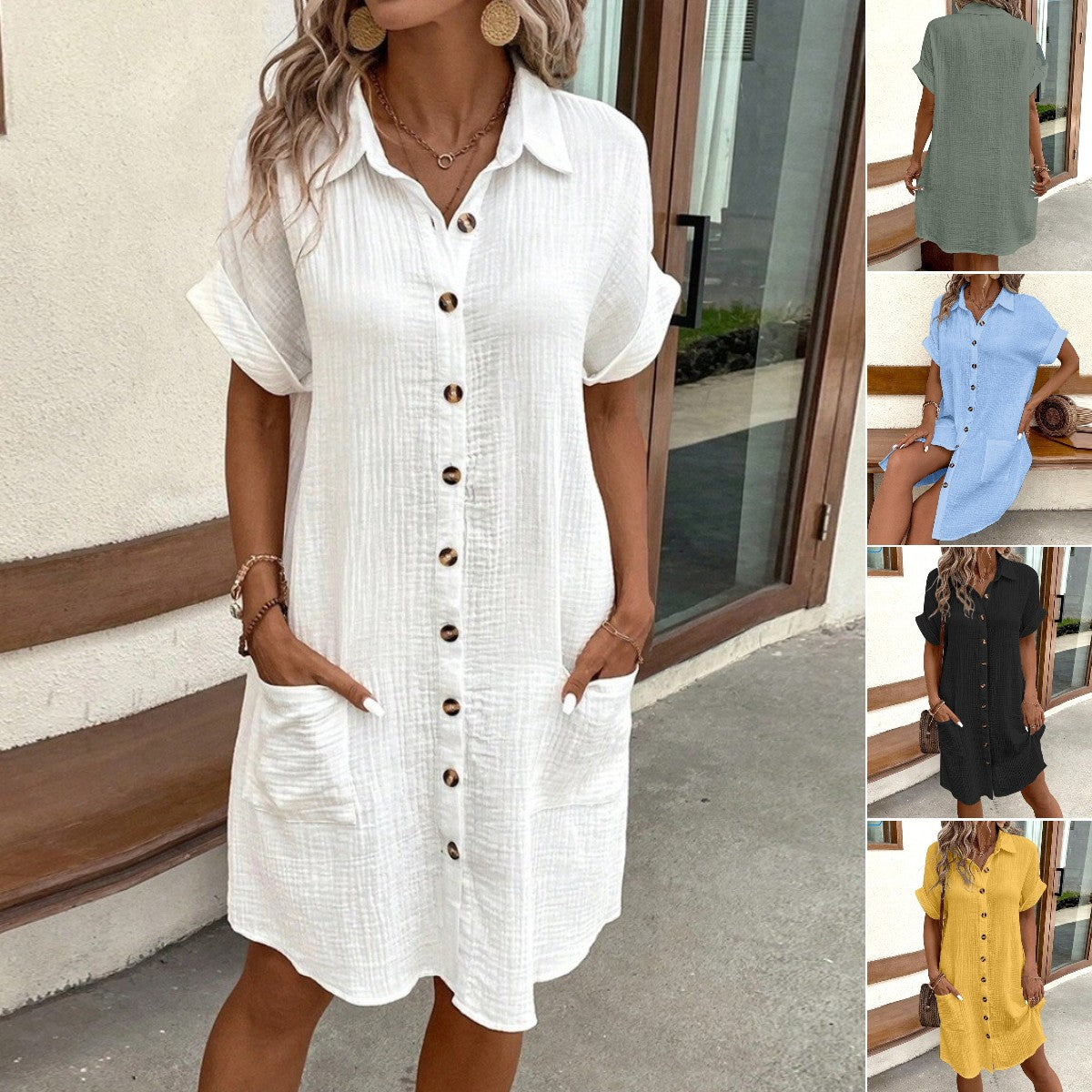👗😍2025 Rochie cu mânecă scurtă din bumbac și lenjerie de bumbac, lejeră și respirabilă-R