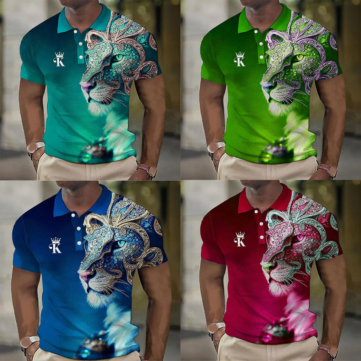 【Novi modeli sniženi 45%.】【S-6XL】Męska koszulka polo z nadrukiem 3D z lwem-3981631