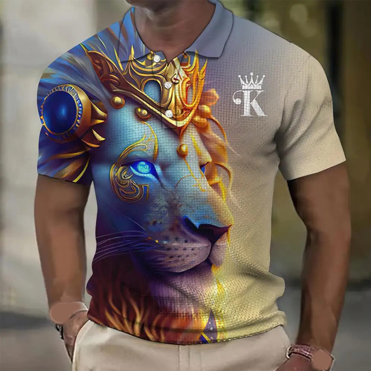 【Novi modeli sniženi 45%.】【S-6XL】Męska koszulka polo z nadrukiem 3D z lwem-3981631