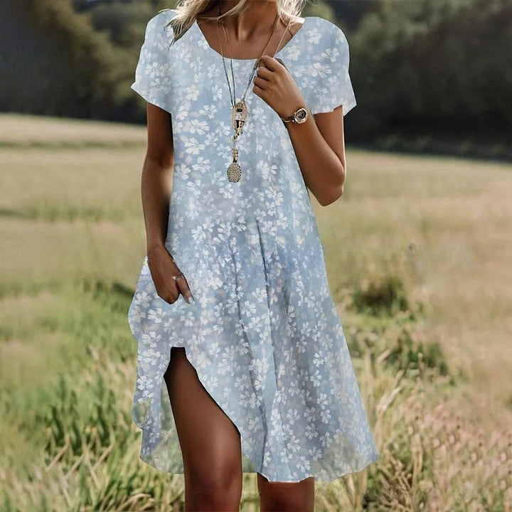 🔥👗【S-3XL】👗Nowa wiosenno-letnia kolekcja 2025, luźna lniana sukienka w kwiaty z okrągłym dekoltem.