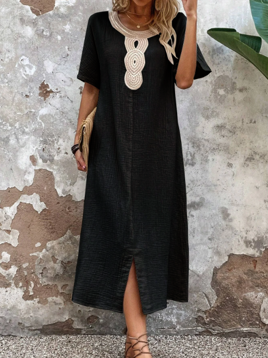 👗🧚♀️【Reducere 50% 🔥】【S–3XL】💖 Rochie de vară vaporoasă pentru femei, cu decolteu rotund, dantelă, mâneci scurte, din bumbac și in pur, cu șliț și croială lejeră