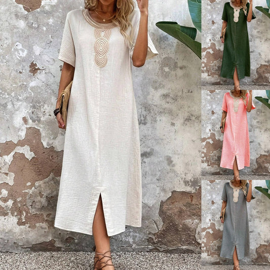 👗🧚‍♀️【Reducere 50% 🔥】【S–3XL】💖 Rochie de vară vaporoasă pentru femei, cu decolteu rotund, dantelă, mâneci scurte, din bumbac și in pur, cu șliț și croială lejeră