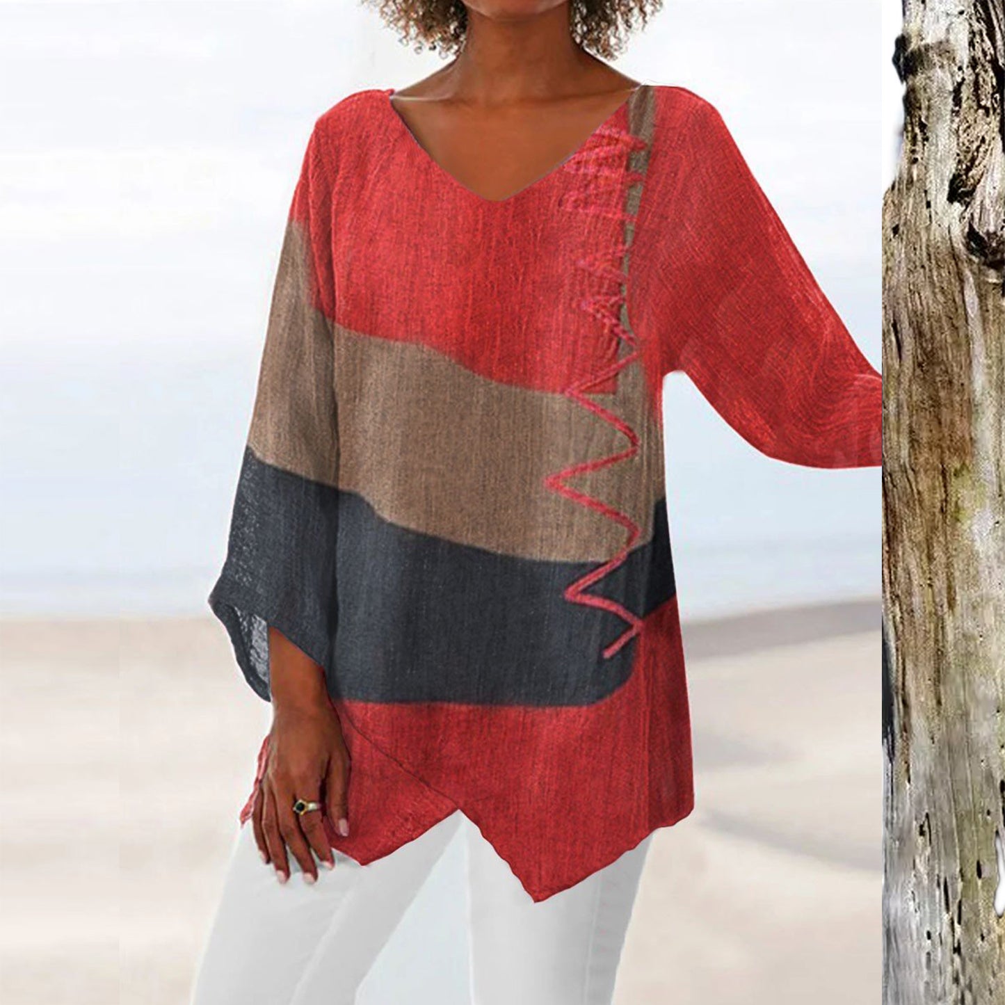 🍁 【S–4XL】Blusa de lino holgada con cuello en V y mangas largas para mujer – Nueva colección 2026 ✨-E
