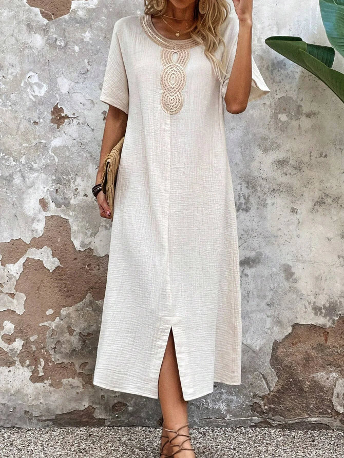 👗🧚‍♀️【Reducere 50% 🔥】【S–3XL】💖 Rochie de vară vaporoasă pentru femei, cu decolteu rotund, dantelă, mâneci scurte, din bumbac și in pur, cu șliț și croială lejeră