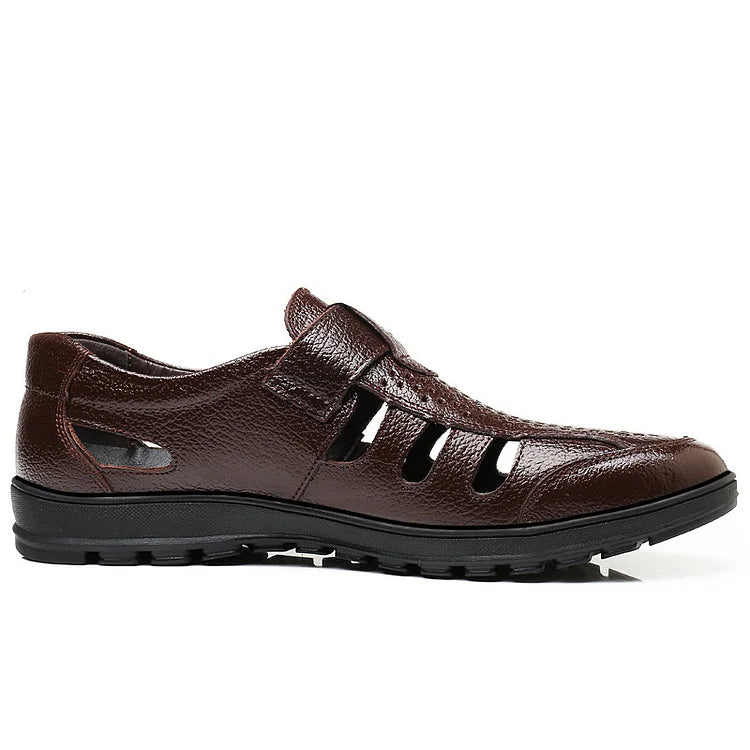 😎👞【Piele naturală premium – versiune nou îmbunătățită】Sandale bărbătești high-end din piele naturală, cu design perforat-U