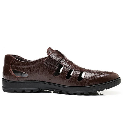 😎👞【Piele naturală premium – versiune nou îmbunătățită】Sandale bărbătești high-end din piele naturală, cu design perforat-U