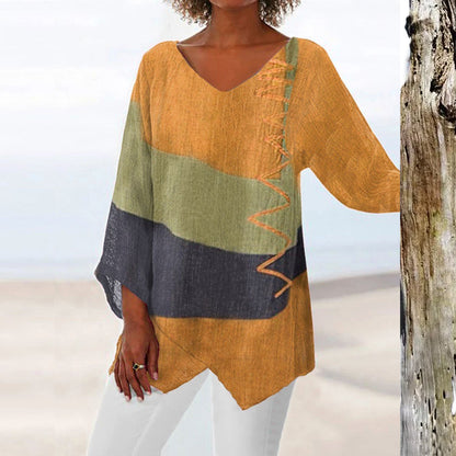 🍁 【S–4XL】Blusa de lino holgada con cuello en V y mangas largas para mujer – Nueva colección 2026 ✨-E
