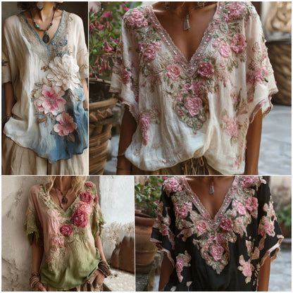 🌺【Omezená nabídka】Elegantní halenka s květinovým potiskem a hlubokým výstřihem do V 【S-4XL】-Z