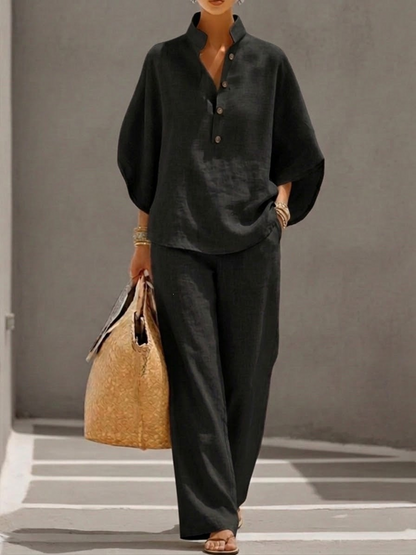 Maribel | Conjunto de lino con mangas murciélago y pantalón ancho-E