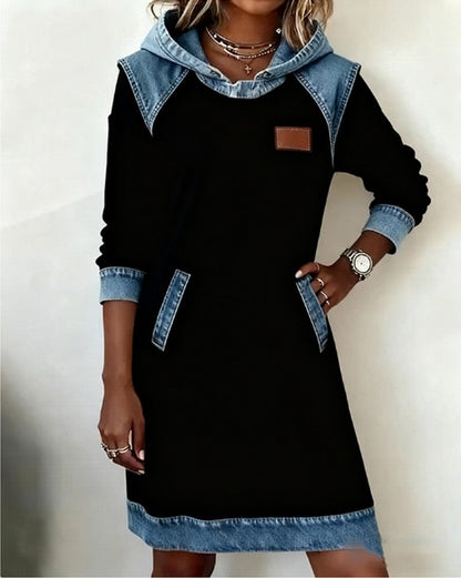 🔥【Novedades de invierno】🌷🌞Nuevo vestido vaquero patchwork de invierno con capucha-E
