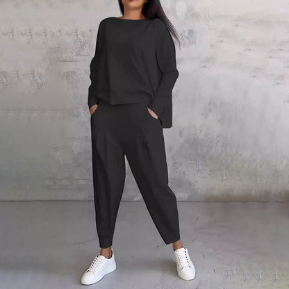 💖[Top + Kalhoty] Módní dvoudílná souprava, jednobarevné ležérní a trendy dámské oblečení, příjemná látka z čisté bavlny-Z