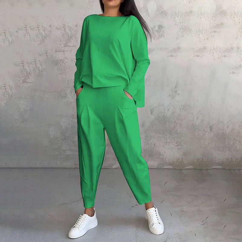 💖[Top + Kalhoty] Módní dvoudílná souprava, jednobarevné ležérní a trendy dámské oblečení, příjemná látka z čisté bavlny-Z