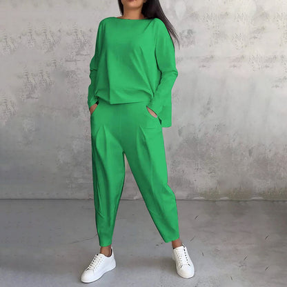 💖[Top + Kalhoty] Módní dvoudílná souprava, jednobarevné ležérní a trendy dámské oblečení, příjemná látka z čisté bavlny-Z