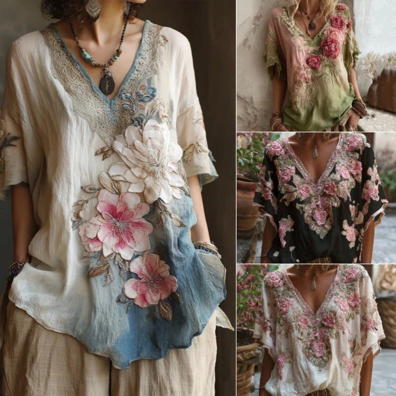 🌺【Omezená nabídka】Elegantní halenka s květinovým potiskem a hlubokým výstřihem do V 【S-4XL】-Z
