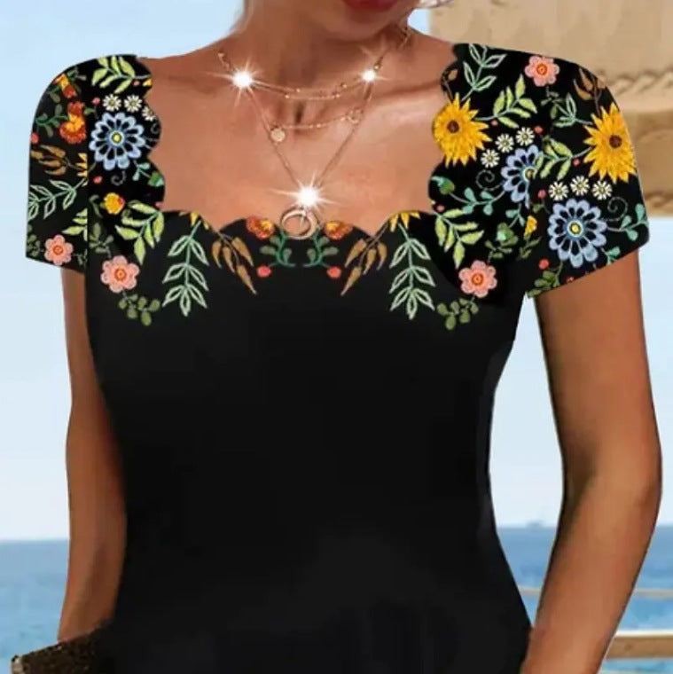 【Oryginalna zniżka fabryczna 45%】2025 Summer Wave Neck Print Short Sleeve Dress-3954716