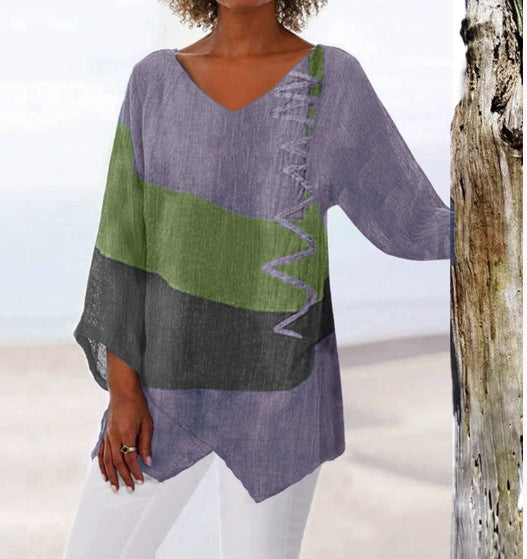 ⏳ Poslední den – sleva 50 % 😍【S~5XL】Dámský elegantní ležérní top s výstřihem do V a dlouhým rukávem, uměleckým vzorem a potiskem-Z