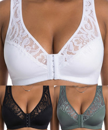 💖¡Precio mínimo histórico! 【Conjunto de 3 piezas】 【Tallas L-4XL】 😍🩲 Sujetador push-up para tallas grandes: hermoso encaje, diseño con efecto realce y copas, cierre frontal.-E
