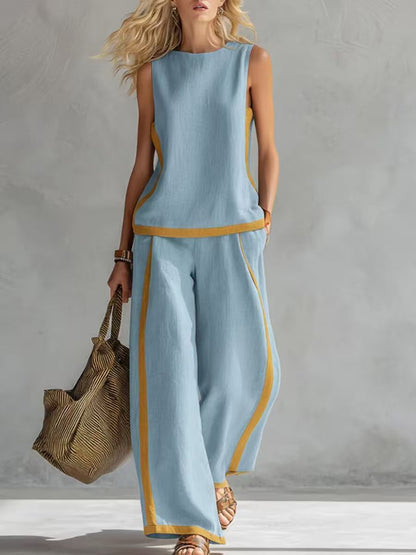 🔥 ¡Nueva llegada de verano! 😍 2026 Nuevo conjunto moderno de dos piezas para mujer: top sin mangas con detalles en contraste y pantalones de pierna ancha - Estilo veraniego, casual y chic.-E