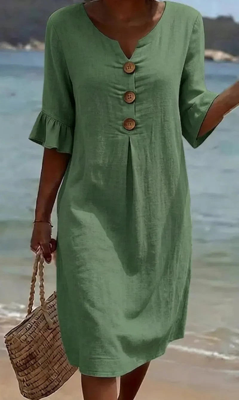 【S-3XL】Vestido de mujer de algodón y lino con mangas abullonadas y botones-E