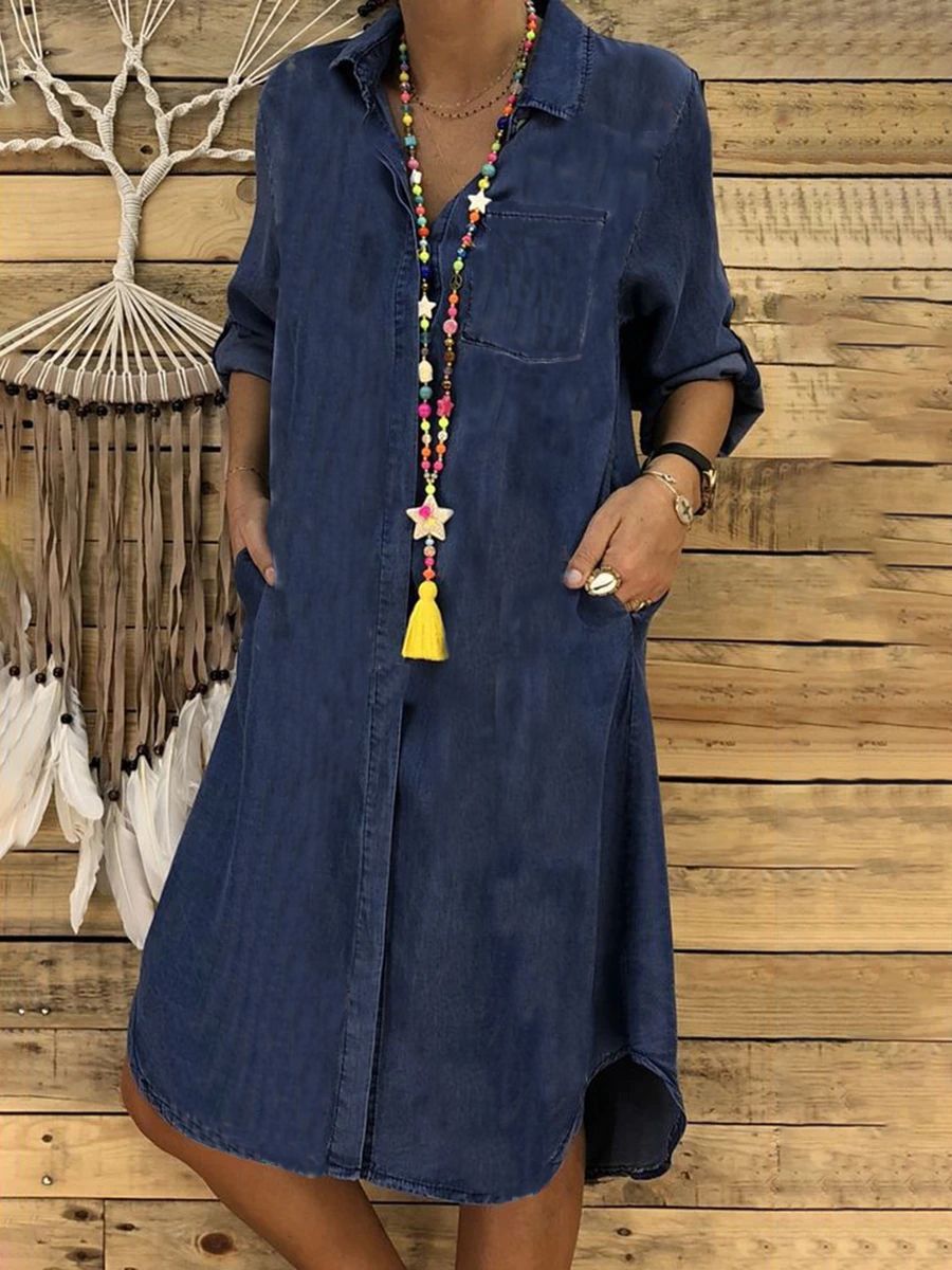 【🔥Compre 1 y obtenga 1 gratis】🥰【S~5XL】🔥2024 Vestido vaquero de talla grande para mujer, vestido informal liso-E