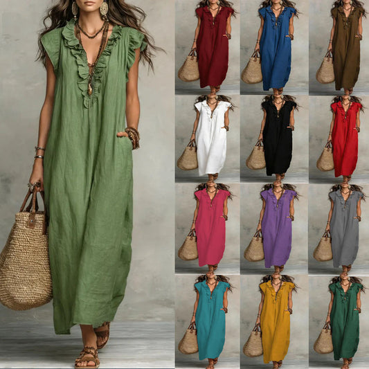 Gran oferta【S-3XL】2026 Vestido casual midi de color sólido Nuevo vestido suelto de manga corta de verano.-E