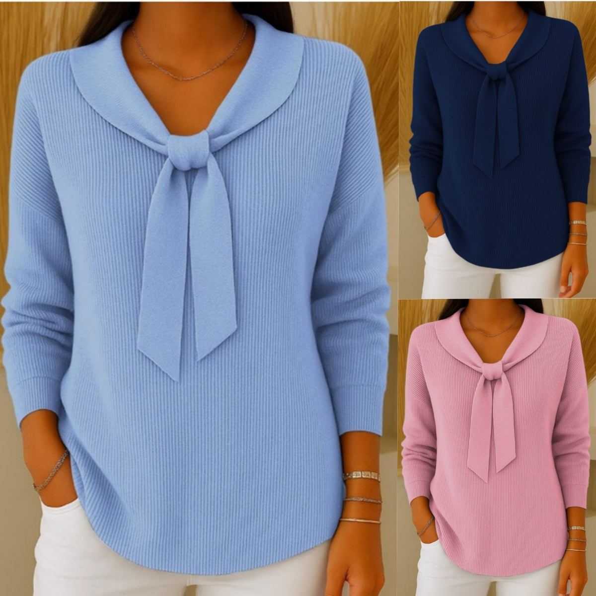 ✨Súper cómodo de llevar💕【S-5XL】Suéter de mujer de color sólido con lazo y manga larga, estilo holgado y relajado-E