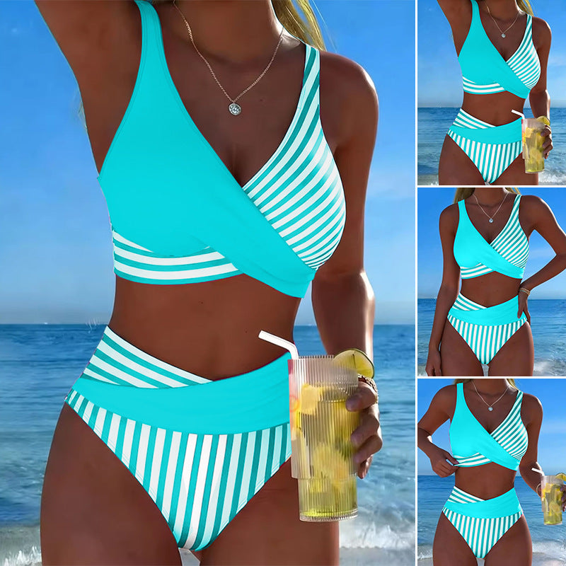 🩱【S-3XL】Bikini de dos piezas con bloques de color y estampado de rayas – Pago contra entrega-E
