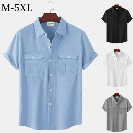 👔【M-5XL】2025 nova muška udobna jednobojna pamučna i lanena košulja kratkih rukava na preklop