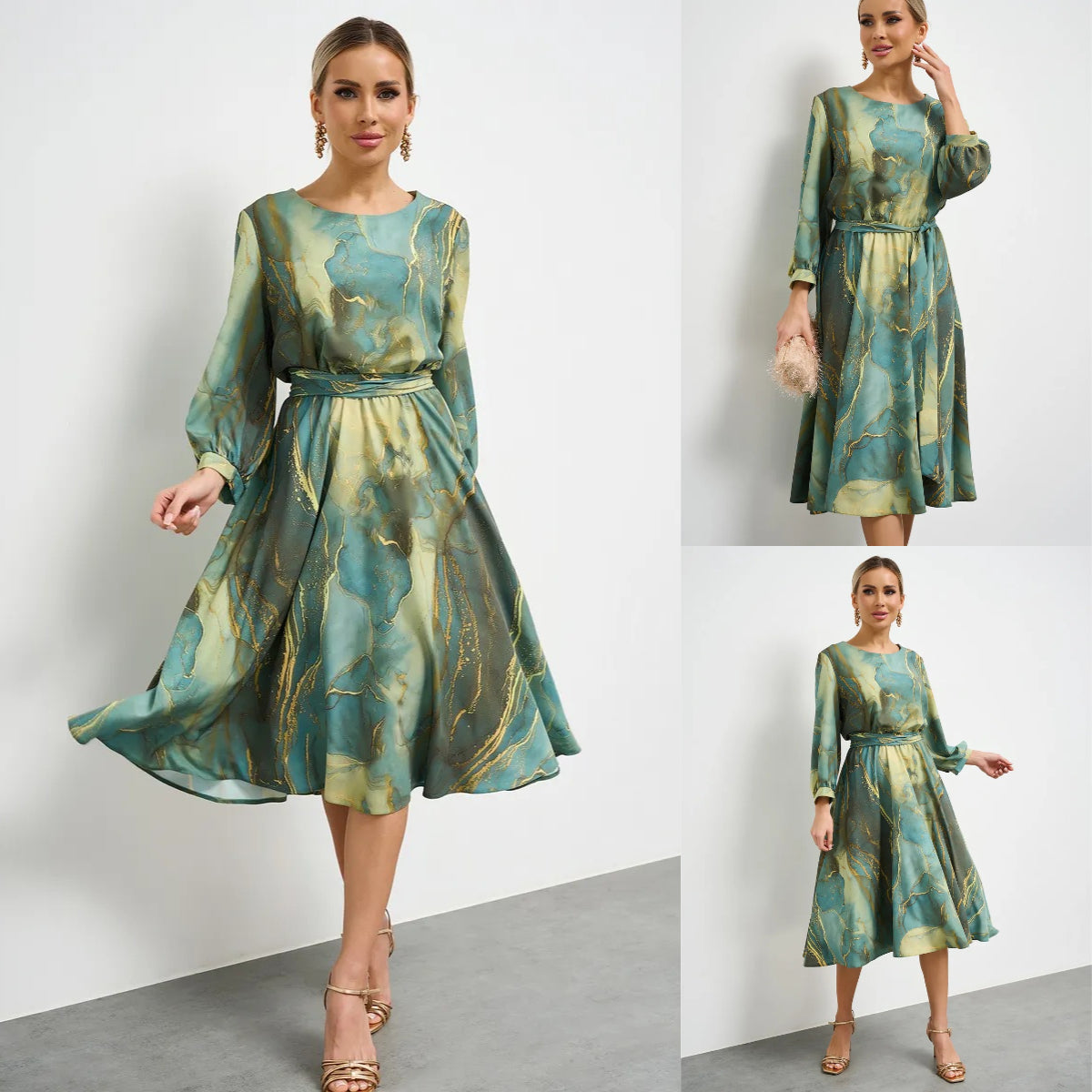 🌿👗【Cantitate limitată】Rochie de primăvară elegantă, verde, cu mâneci lungi🌸💃