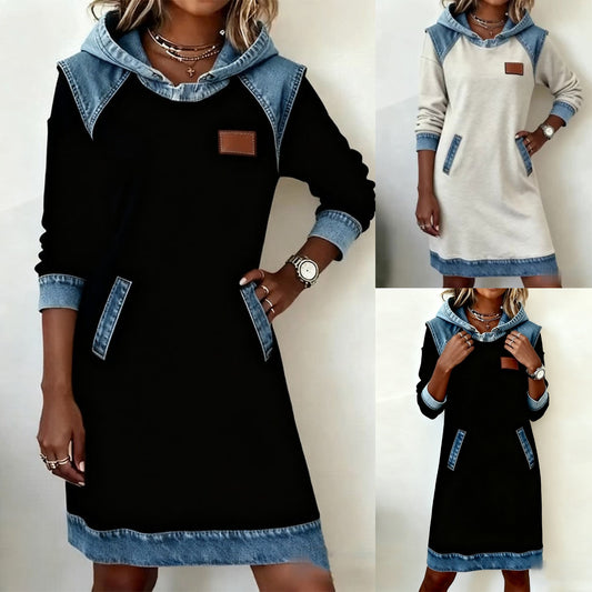 🔥【Novedades de invierno】🌷🌞Nuevo vestido vaquero patchwork de invierno con capucha-E