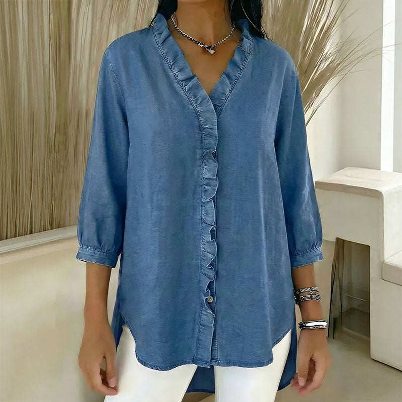 【S-3XL】Koszula damska casualowa z jeansu z dekoltem w serek i falbankami-4247972