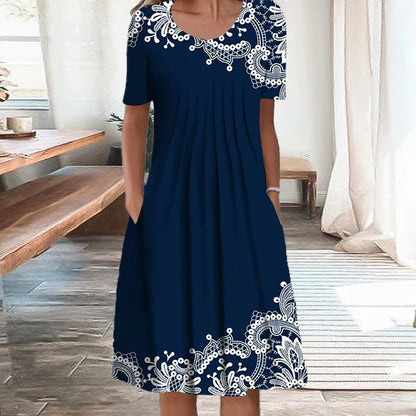 【50% de descuento】【Tallas S-5XL】🌺🌺 Vestido moderno con escote redondo y estampado.-E