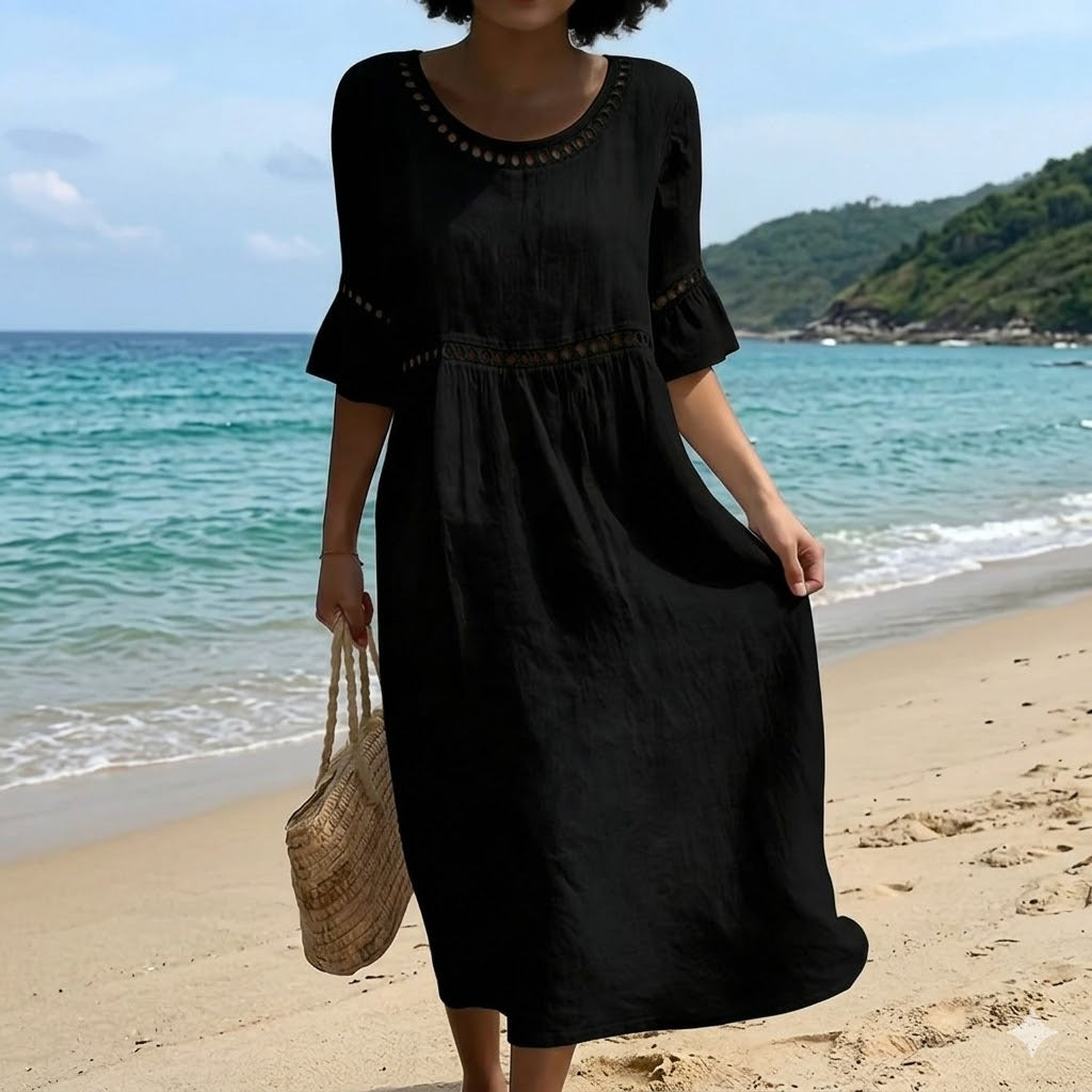 💎2026 Alta calidad💎【S-3XL】Vestido de mujer de algodón y lino, con mangas abullonadas, transpirable, suave y cómodo-E