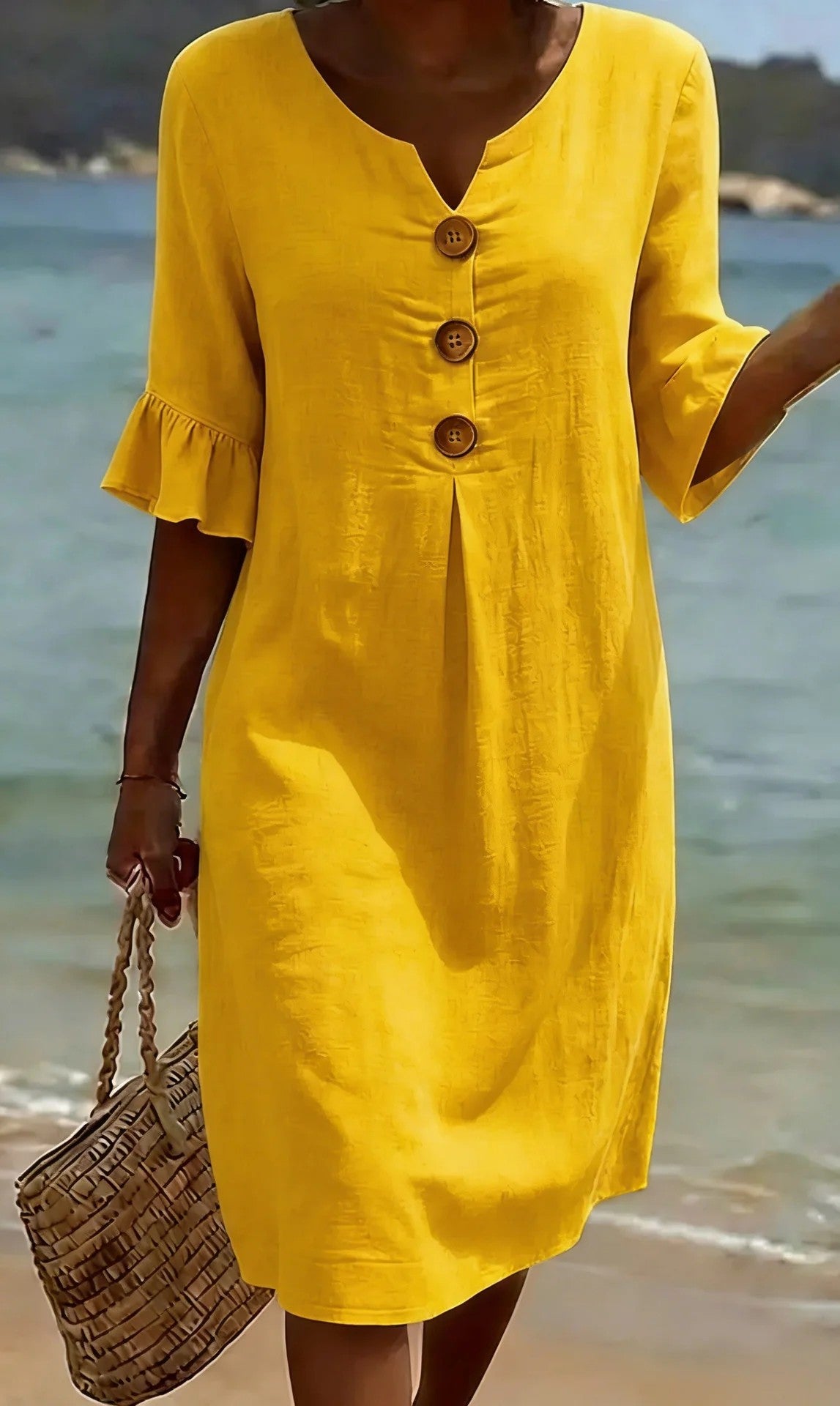 【S-3XL】Vestido de mujer de algodón y lino con mangas abullonadas y botones-E