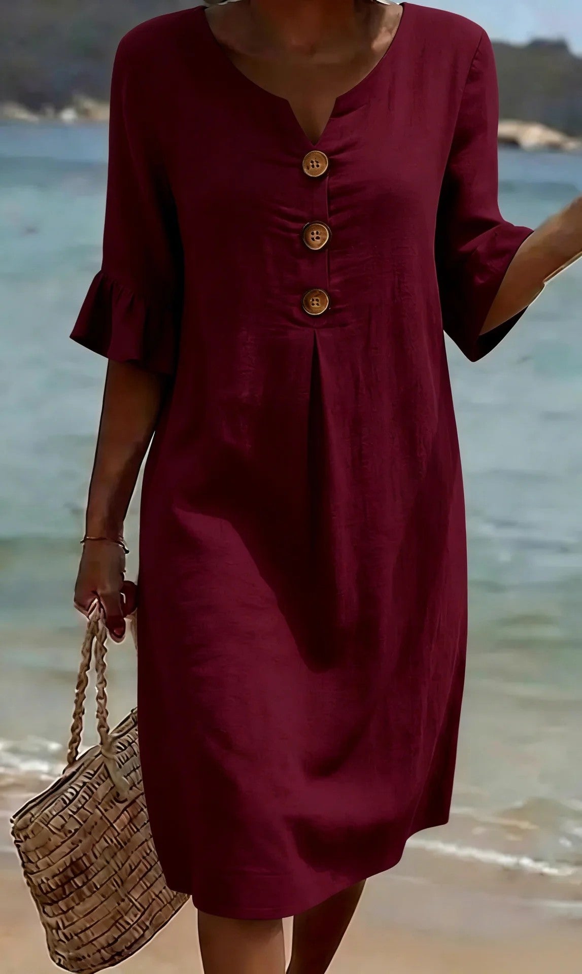 【S-3XL】Vestido de mujer de algodón y lino con mangas abullonadas y botones-E